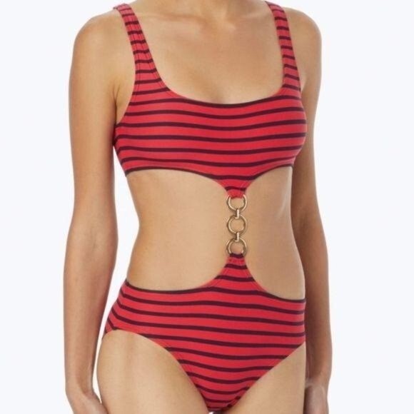 Michael Kors Nautical Stripe Cut Out Chain Accent Monoki Red/Navy Size 10 - Picture 3 of 12
